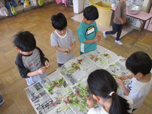 子どもの日の集い🧑👧細竹の皮むきのお手伝い